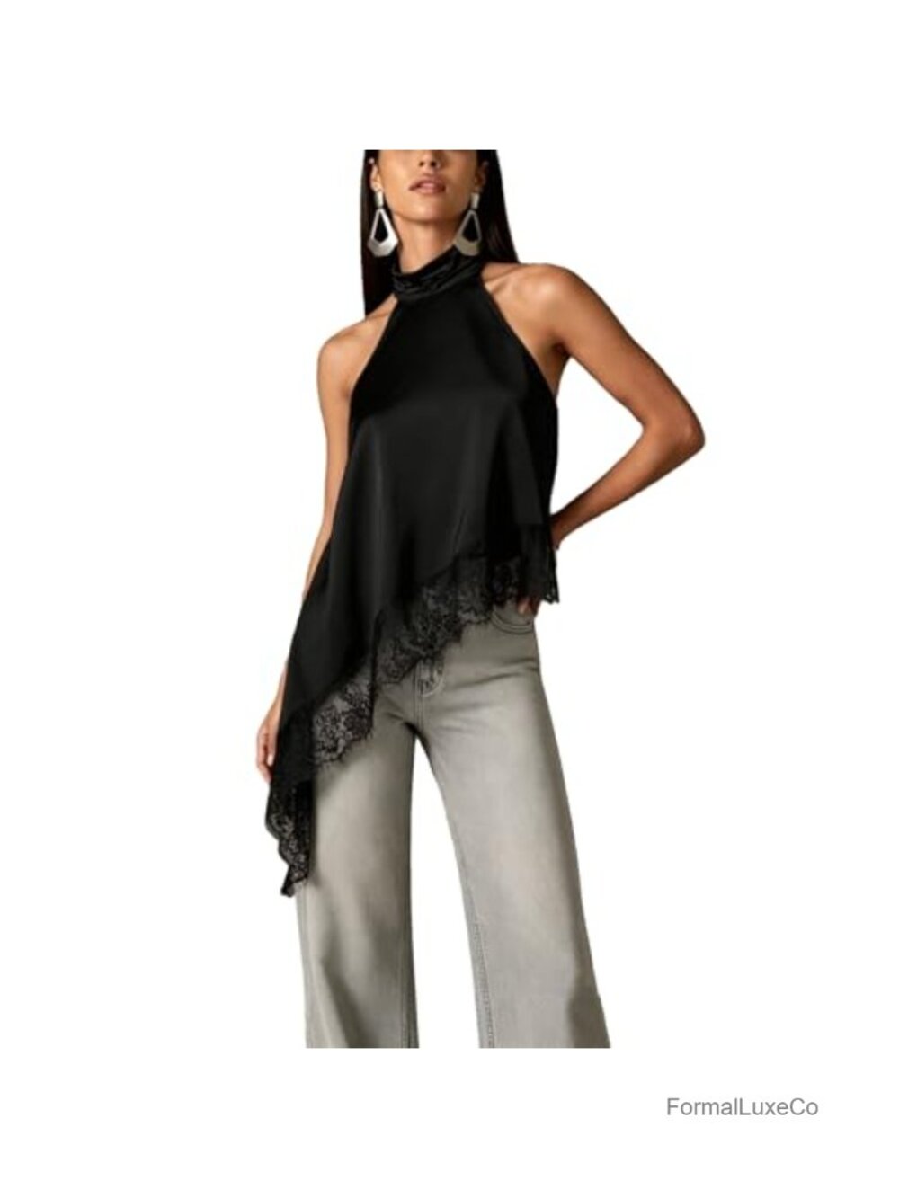 Women Satin Halter Top Y2K Mock Neck Lace Trim Asymmetrical Hem Tank Crop